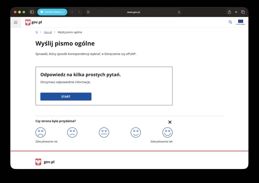 Kreator gov.pl: „Odpowiedz na kilka prostych pytań” z przyciskiem START.