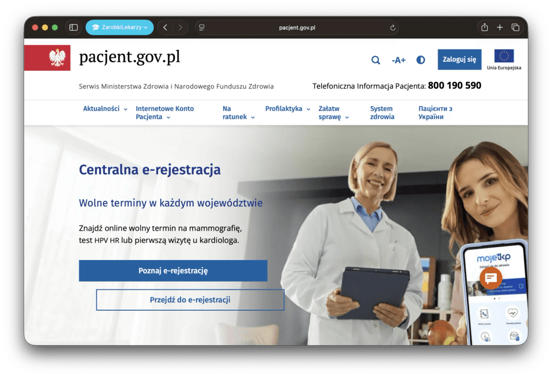 Strona główna pacjent.gov.pl z przyciskiem „Zaloguj się” w prawym górnym rogu.