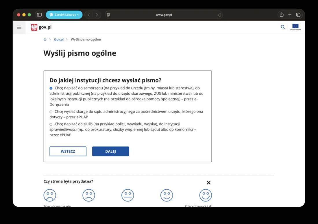 Kreator gov.pl: pytanie o instytucję z zaznaczoną pierwszą opcją (administracja publiczna, e-Doręczenia).