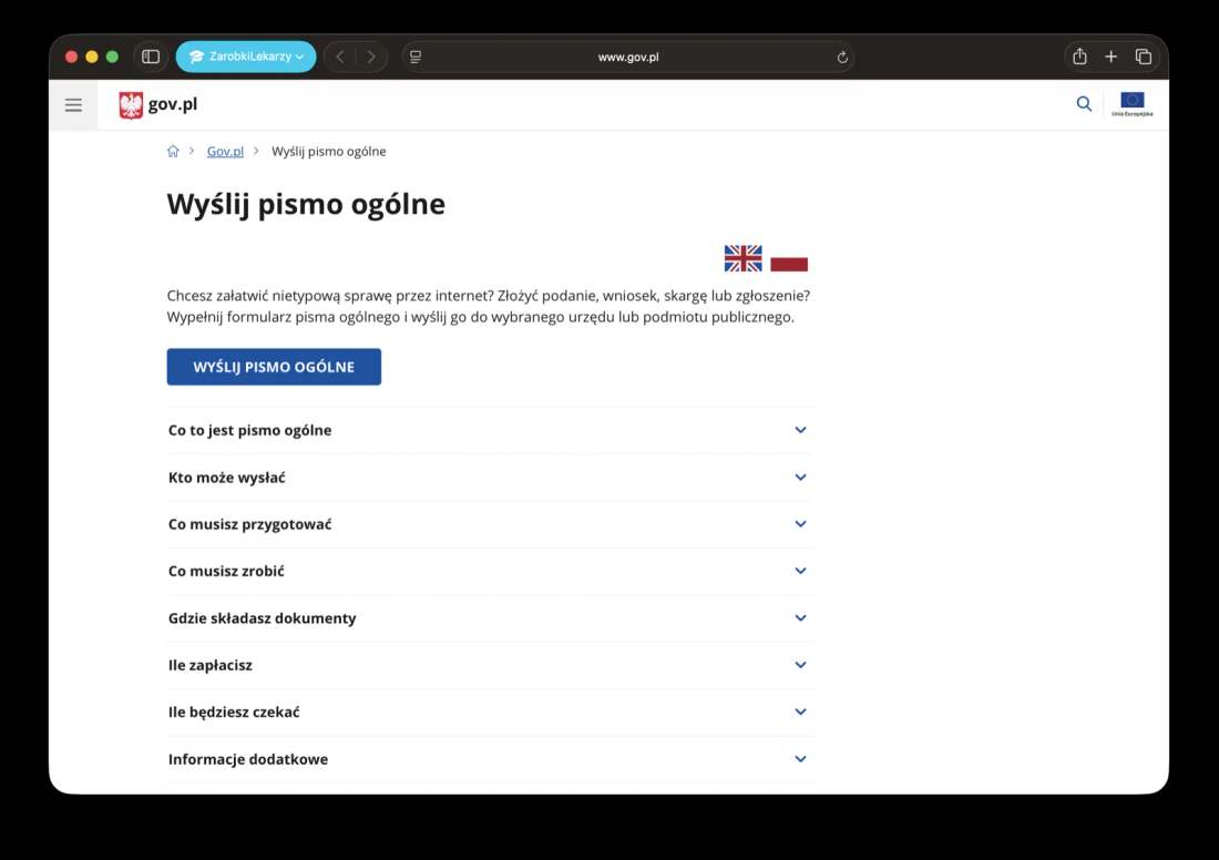Strona gov.pl „Wyślij pismo ogólne” z niebieskim przyciskiem Wyślij pismo ogólne.
