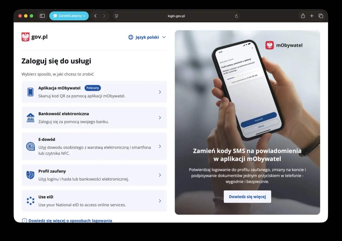 Ekran logowania login.gov.pl: mObywatel, bankowość elektroniczna, e-dowód, Profil Zaufany.
