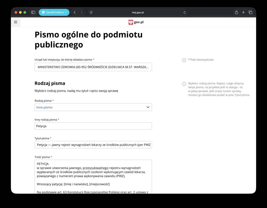 Formularz „Pismo ogólne do podmiotu publicznego”: Ministerstwo Zdrowia jako urząd, Rodzaj pisma = Inne pismo, Inny rodzaj pisma = Petycja, oraz tytuł i treść petycji.